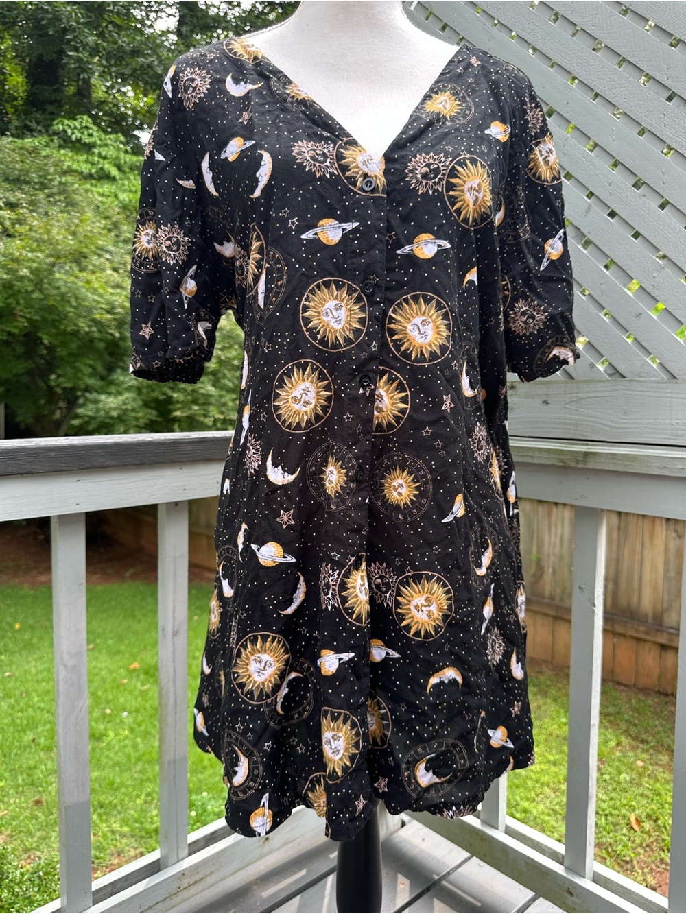 Motel Black & gold celestial print dress with suns, moons, and planets